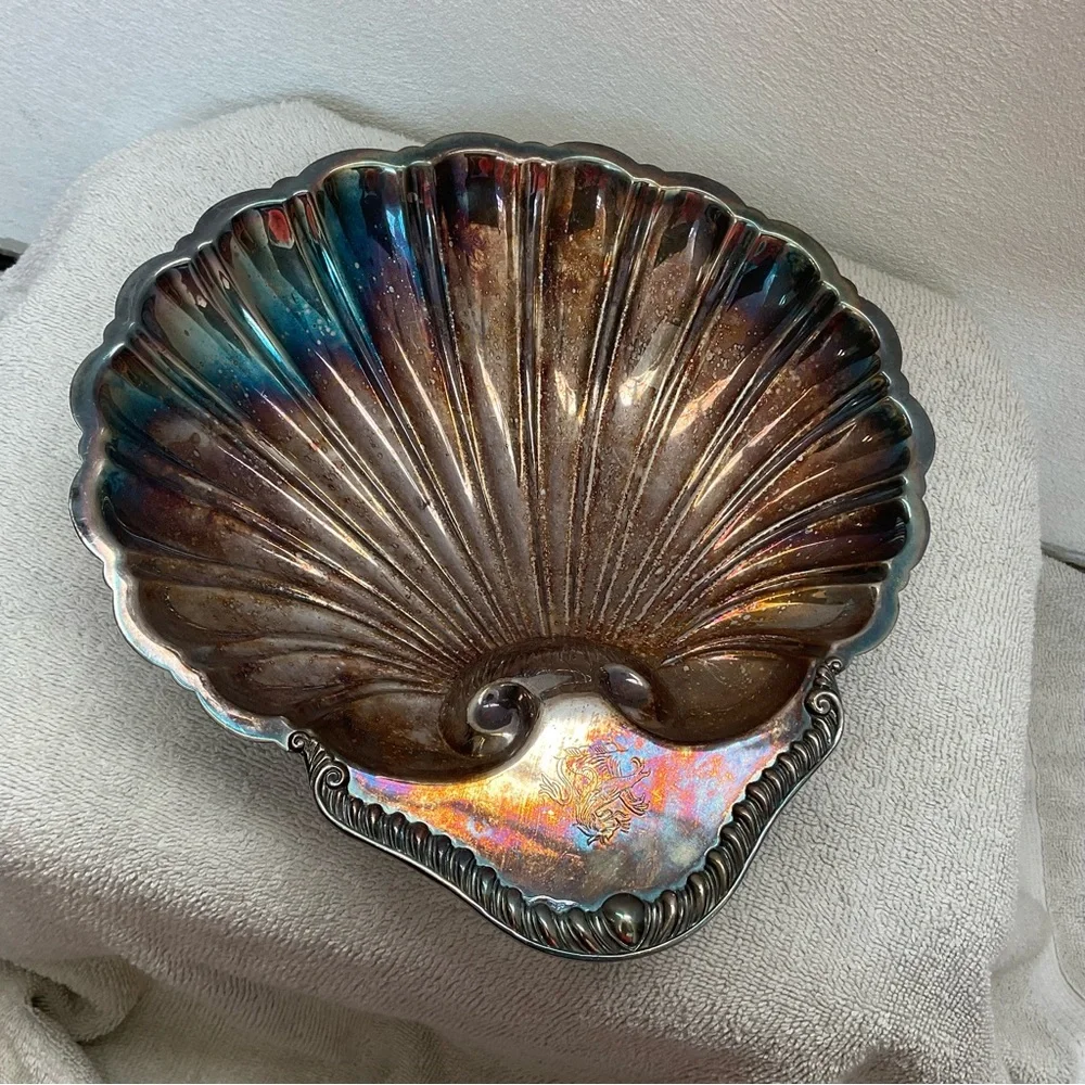 Vintage Silver Plated Shell Trinket Dish Fish Feet Ring Jewelery Holder Decor